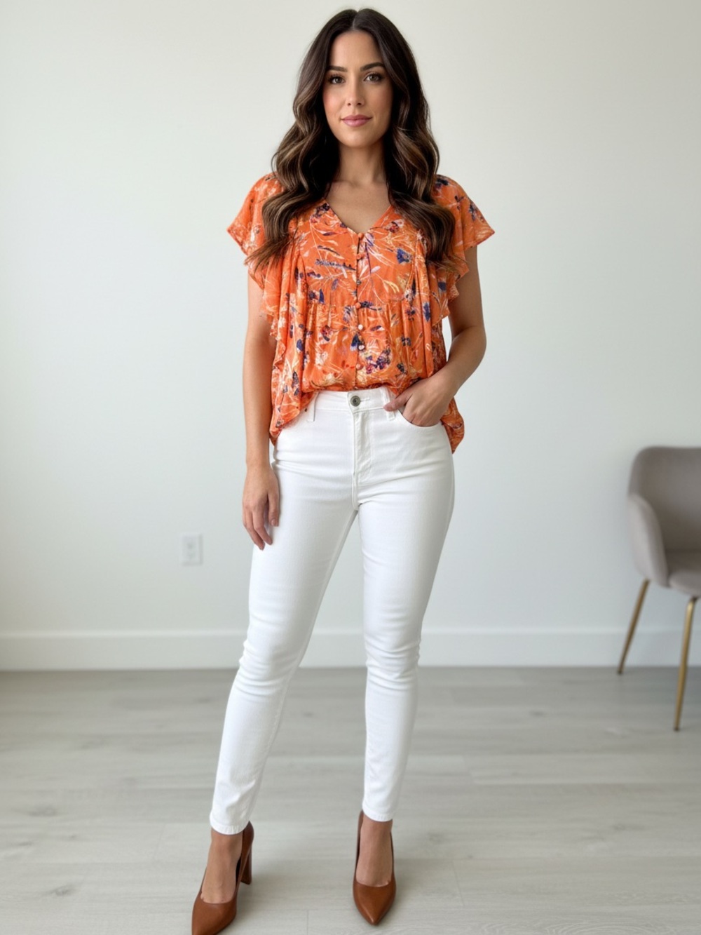 Haute Hippie Women’s Orange Floral Ruffle V-Neck Blouse in Size Large